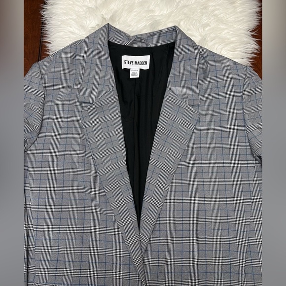 Steve Madden Size XL One Button Plaid Blazer Houndstooth Black White Blue - Picture 4 of 14